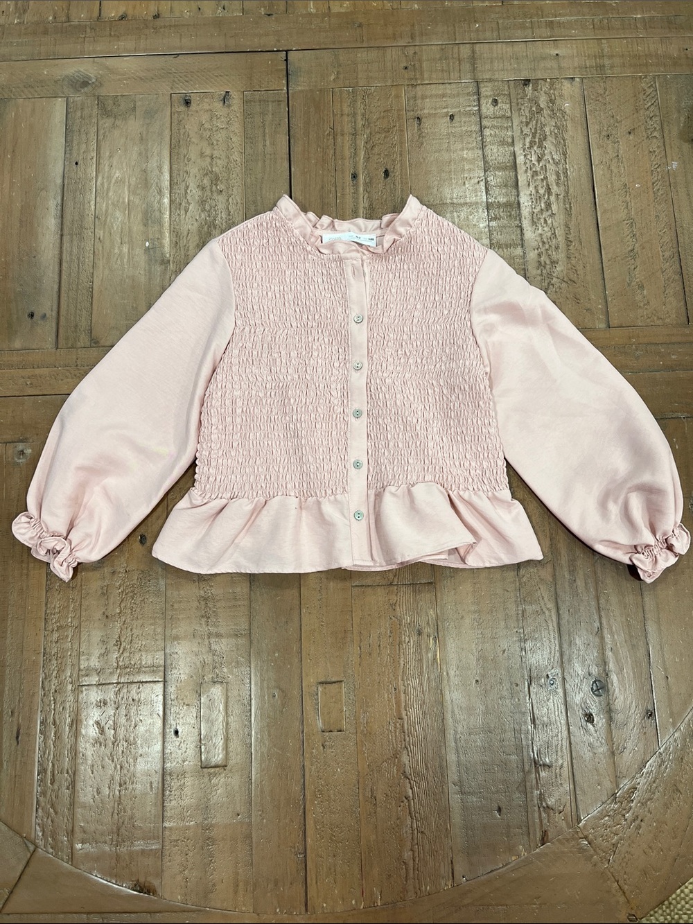 Zara blush pink smocked button up ruffle long sleeve shirt 6-7 years